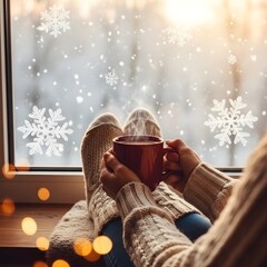 Portrait of a person's hands and feet drinking a cup of coffee while watching snow fall outside the window.