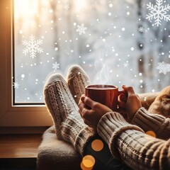 Portrait of a person's hands and feet drinking a cup of coffee while watching snow fall outside the window.