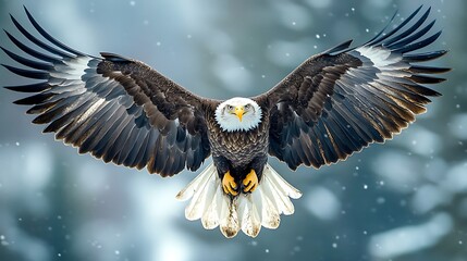 Majestic bald eagle soaring with wings spread wide against a serene winter backdrop, capturing freedom, power, and American spirit in a stunning display