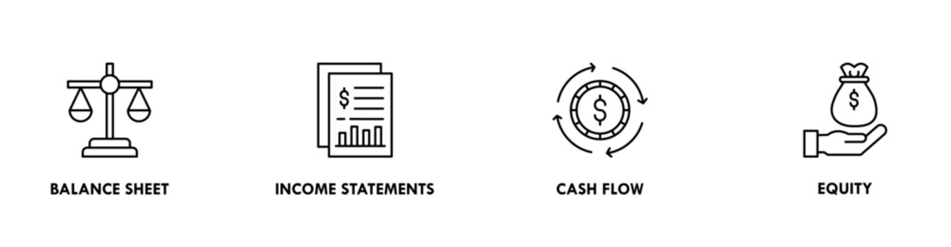 Financial statements banner web icon vector illustration concept with icon of graph, balance sheet, pie chart, income statements, money, calculator, income, earning, cash flow, equity, and balance