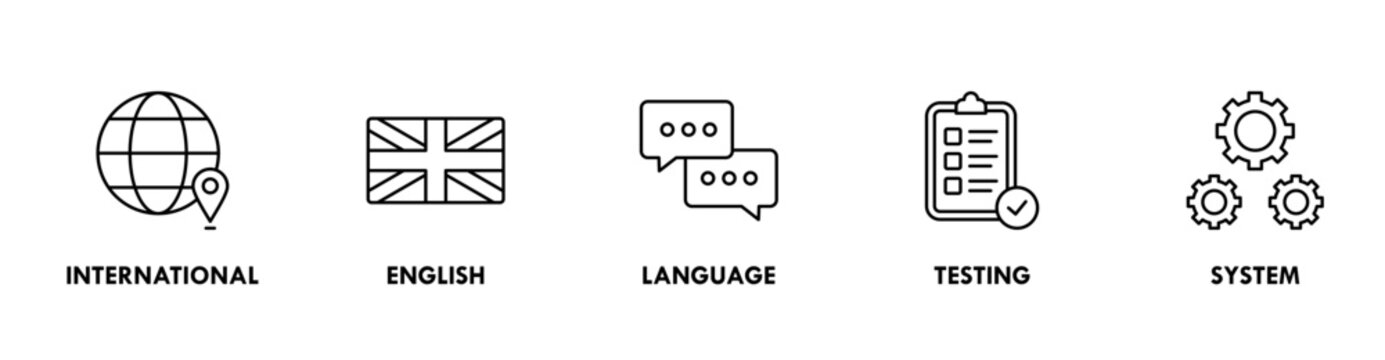 IELTS banner web icon vector illustration concept for International English Language Testing System with an icon of globe, England flag, communication, evaluation, and gears