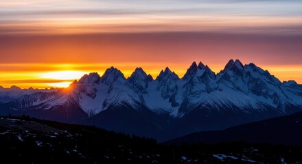 Majestic mountain range at sunrise casting a golden glow over snow-capped peaks creating a serene