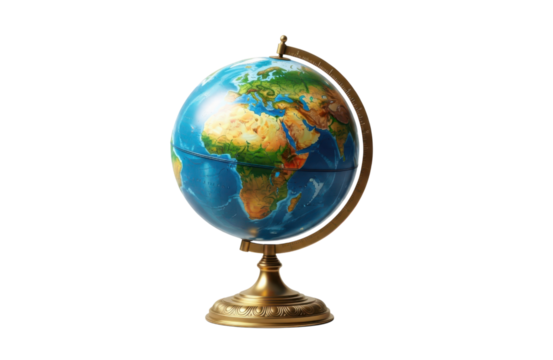 A classic desktop globe showing the continents of earth, mounted on a brasscolored stand, isolated on transparent background