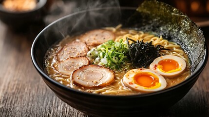 Craving a delicious bowl of ramen? Enjoy authentic Japanese noodle soup with pork, egg, seaweed, and scallions, steaming and ready to eat now