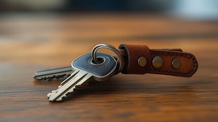 Elegant keys with a leather keychain resting on a warm wooden surface, perfect for real estate, safety, or security concepts and lifestyle themes