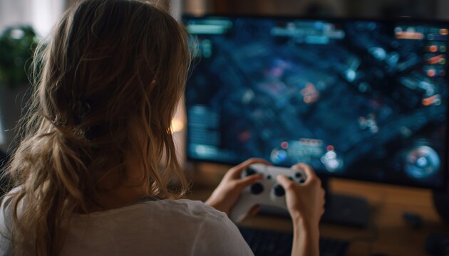 Young Female Game Developer Working On A New Video Game Level In A Close Up Shot At Her Home. A Focused Development Process.