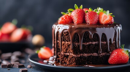 Indulge in a decadent chocolate cake topped with luscious chocolate ganache and fresh strawberries, a perfect treat for celebrations