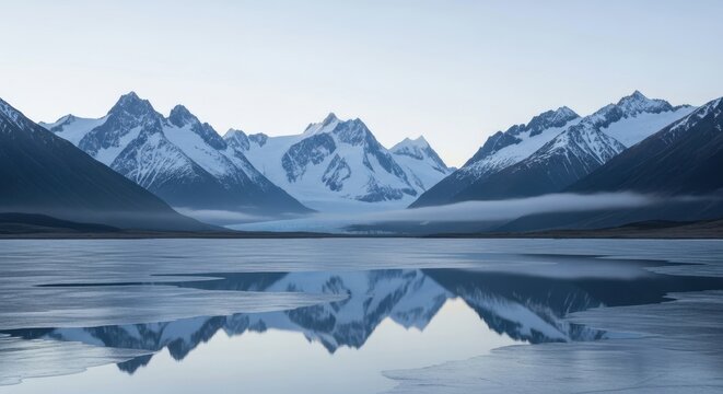 Serene mountainscape reflection in tranquil waters evoking nature's glacial beauty and tranquility