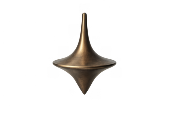 Brass spinning top in motion, representing balance, dream, reality, and perception on a transparent background