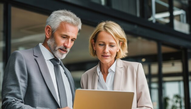 Middle-Aged Business Executive Leaders Managing Corporate Financial Project Results Together In Office Using Laptop Computer – Busy Professional Team.