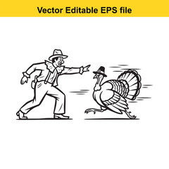 A cartoon illustration of a pilgrim chasing a turkey, isolated on
