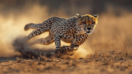 Stunning cheetah sprints across the savanna, leaving dust in its wake as golden light illuminates its sleek, powerful form on the African plains