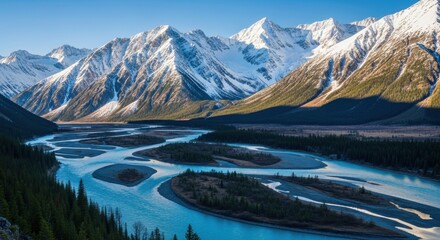 Majestic snow-capped mountains reflecting in the winding river flowing through the valley