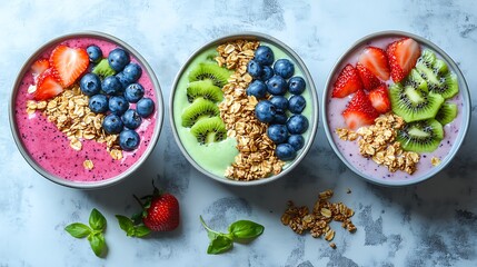 Healthy smoothie bowls bursting with fresh fruit and granola, a vibrant and delicious breakfast or snack for a colorful, balanced lifestyle