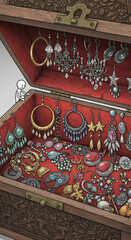 Open ornate wooden jewelry chest brimming with sparkling vintage and antique earrings, rings, and diverse treasures on red velvet.