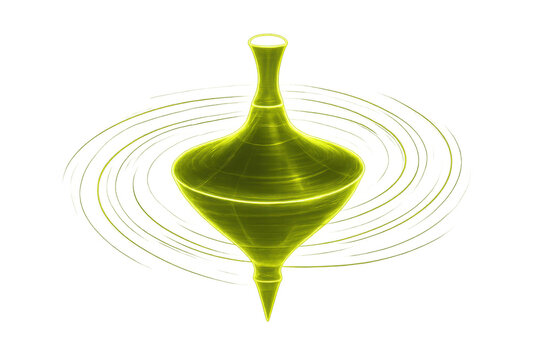 Neon green spinning top creating energy waves, showing motion, physics, and balance on transparent background