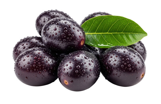 A small pile of fresh, dark purple java plums, also known as jamun or black plum, covered in tiny water droplets and garnished with a single vibrant green leaf, isolated on transparent background