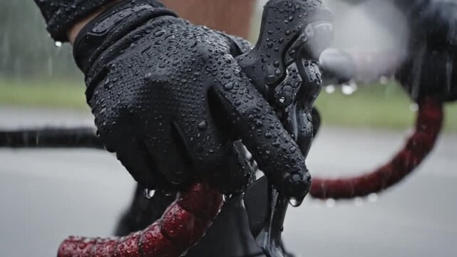 Cyclist's grip on wet handlebar outdoor cycling action shot rainy environment close-up view sport resilience