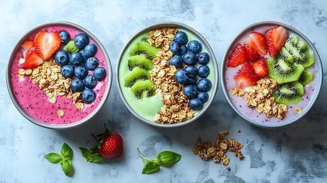 Healthy smoothie bowls bursting with fresh fruit and granola, a vibrant and delicious breakfast or snack for a colorful, balanced lifestyle