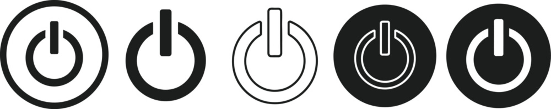 Power button icons five different vector style variations in black and white