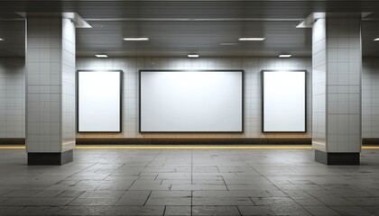 Blank Billboard Mockup With Led Screens For Advertising In Subway Station Shows White Screen Posters. Ideal For Marketing Campaigns And Promotions.