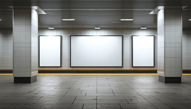 Blank Billboard Mockup With Led Screens For Advertising In Subway Station Shows White Screen Posters. Ideal For Marketing Campaigns And Promotions.