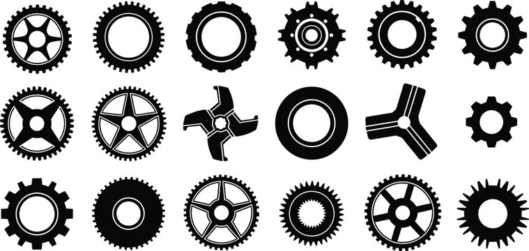 Collection of various gear wheels and cogs in black silhouette
