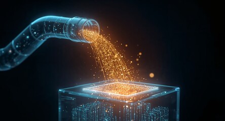 Futuristic Data Flow - Glowing Particles Pouring into a Digital Cube, Dark Background.