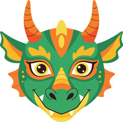 Flat vector illustration of a friendly green cartoon dragon head with orange horns and a happy smile, designed as a mascot character or fantasy icon.