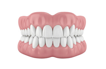 Obraz premium Realistic 3d rendering of a full set of upper and lower dentures showing perfectly aligned white teeth against a pink gum base, isolated on transparent background