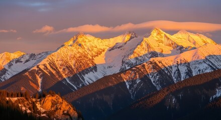 Snow-capped mountain peaks basking in the warm glow of the rising sun alpine scene