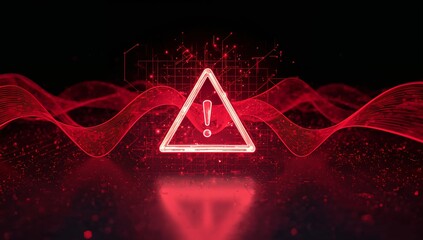 Glowing Red Warning Sign with Abstract Waves and Dark Background, Digital Alert.