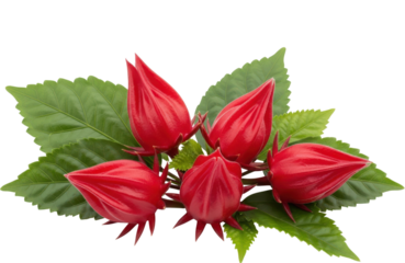 Five vibrant red roselle calyxes, also known as hibiscus sabdariffa or sorrel, clustered together with fresh green leaves, isolated on transparent background for culinary or medicinal use