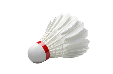 A single white feather shuttlecock with a red band around the base, isolated on transparent background, ready for a game of badminton