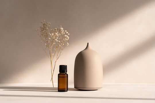 aromatherapy setup, neutral-colored ceramic diffuser, dried flowers, and essential oil bottle in soft morning light create a calm ambiance - Powered by Adobe