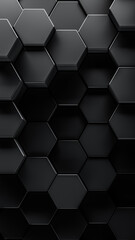 3d render of geometric tech pattern or dark abstract hexagon background. Smooth black honeycomb shapes for dark shadowy backgrounds.