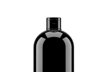 Closeup of the top portion of a sleek, glossy black plastic bottle with a fliptop cap, isolated on transparent background, suitable for cosmetic or personal care product mockup