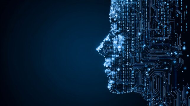 Artificial Intelligence, human made of binary code background