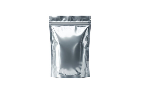 Blank silver foil stand up pouch with zipper closure, empty metallic food packaging mockup isolated on transparent background for product presentation or design template