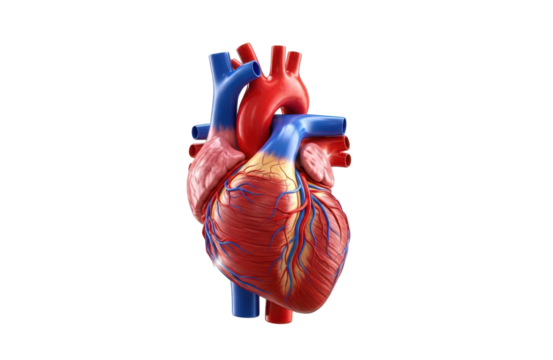 Realistic 3d rendering of a human heart anatomical model showing major blood vessels, isolated on transparent background