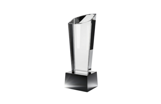 Modern crystal award trophy with a slanted top and dark base, isolated on transparent background, symbolizing achievement, success, and recognition in a professional context