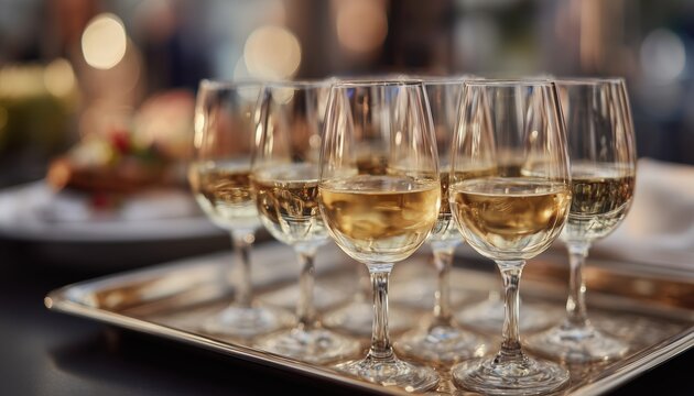 Close-Up Shallow Depth Of Field Image Of Wine Glasses On A Tray With White Wine In A Corporate Event Venue.