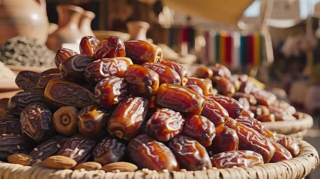 Closeup of dates for sale at a vibrant outdoor market stall with traditional pottery and textiles in the background.