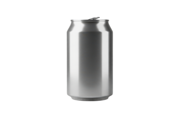 Blank silver aluminum beverage can with pull tab top, isolated on transparent background, perfect for mockups or product presentation of soda, beer, or energy drink