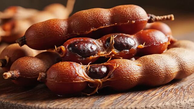 Closeup of fresh tamarind pods on a rustic wooden surface showcasing their natural texture and rich brown color ready for culinary use.