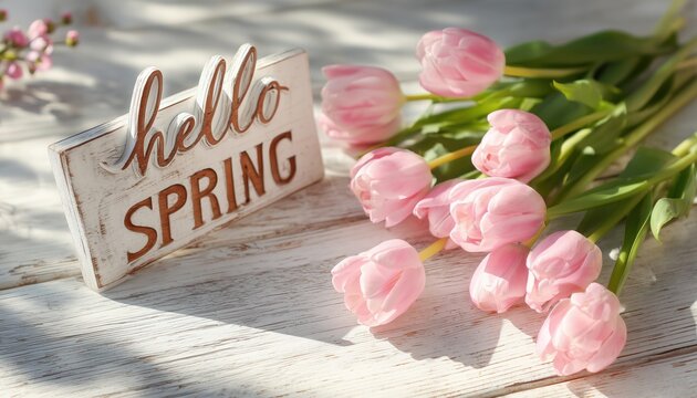 Beautiful Pink Tulips On White Rustic Wooden Sign: A Spring Greeting Card With Flowers In Soft Morning Sunlight And Space For Messages.