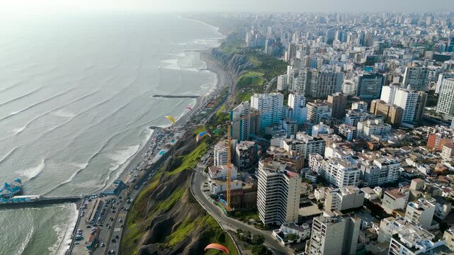 Drone video of coastal Lima from the Costa Verde with paragliders in the sky.