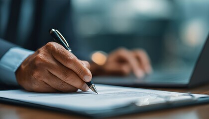 Businessman Sign Contract With Stylus Pen On Digital Tablet And Laptop On Office Table. Manager Proofing E-Document With E-Signing App.