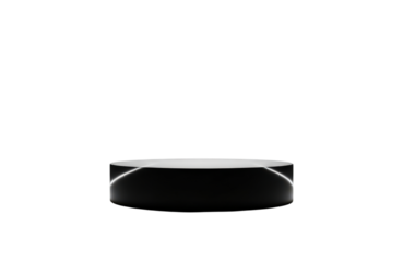 Minimalist black cylindrical podium or pedestal for product display, featuring subtle white reflective highlights on the side, isolated on transparent background