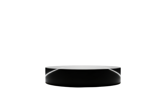 Minimalist black cylindrical podium or pedestal for product display, featuring subtle white reflective highlights on the side, isolated on transparent background
